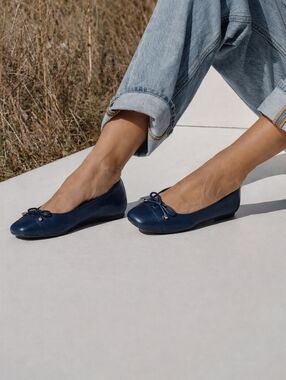 Vionic Ballet Flats 6 Blue Leather Klara Bow Logo Arch Support Comfy New $150